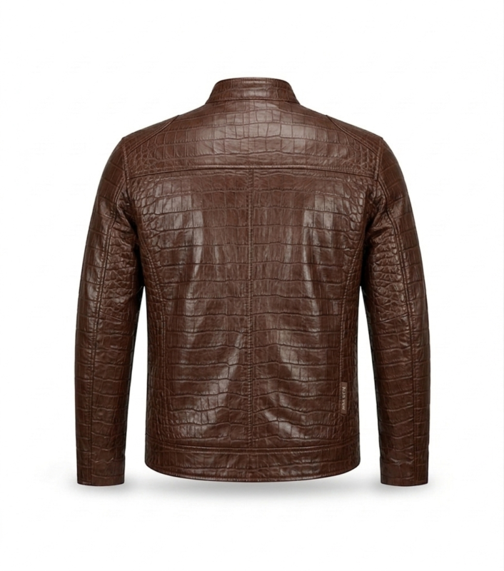 Premium Brown Crocodile Embossed Men's Leather Jacket MAS Leather Garments Back View