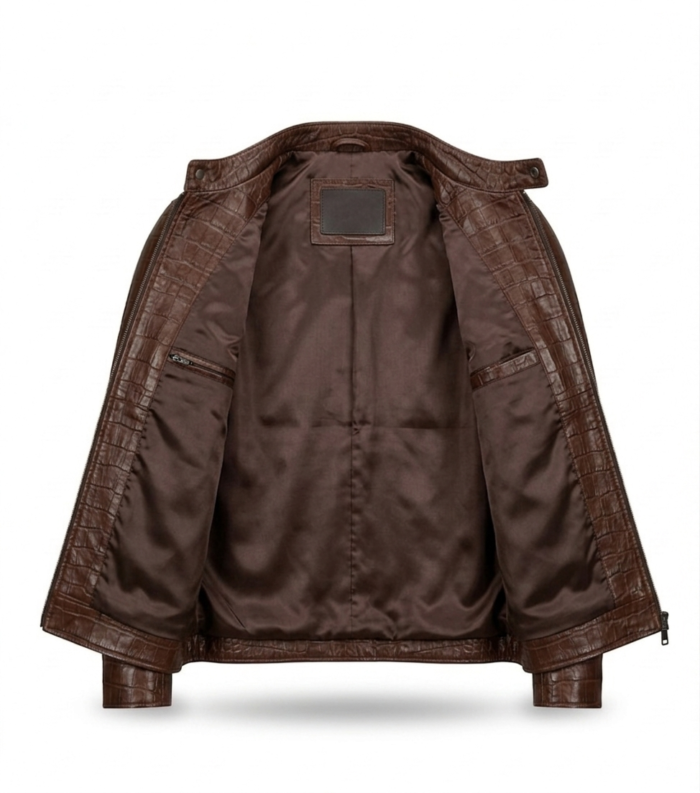 Premium Brown Crocodile Embossed Men's Leather Jacket MAS Leather Garments Inner View