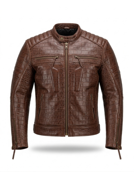 Premium Brown Crocodile Embossed Mens Real Leather Jacket MAS Leather Garments