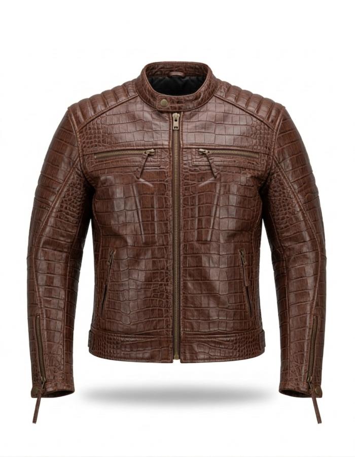 Premium Brown Crocodile Embossed Mens Real Leather Jacket MAS Leather Garments