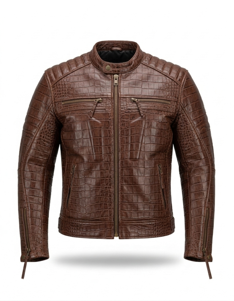Premium Brown Crocodile Embossed Mens Real Leather Jacket MAS Leather Garments