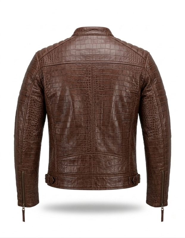 Premium Brown Crocodile Embossed Mens Real Leather Jacket MAS Leather Garments Back View