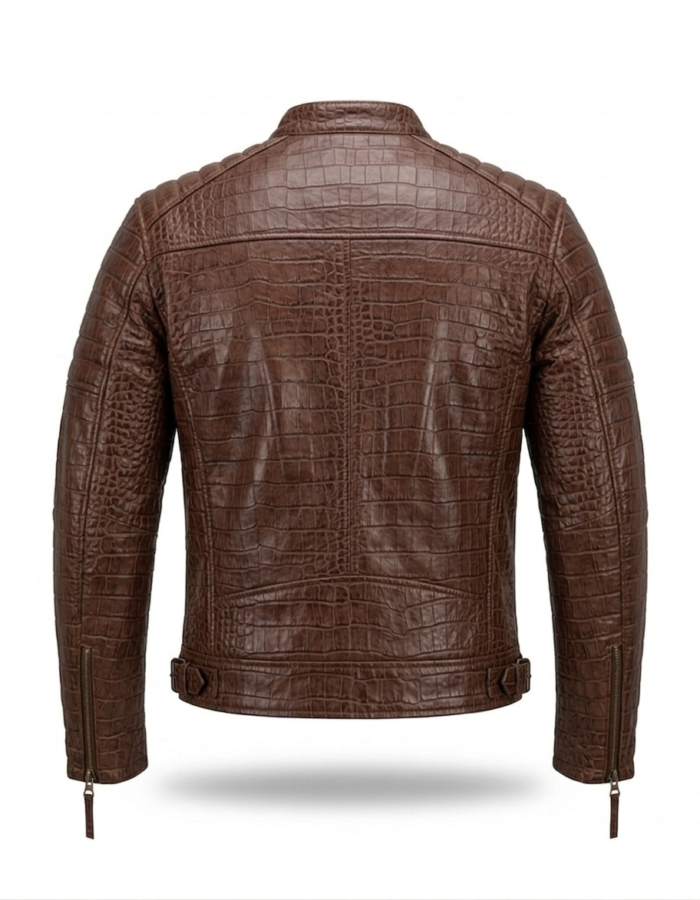 Premium Brown Crocodile Embossed Mens Real Leather Jacket MAS Leather Garments Back View