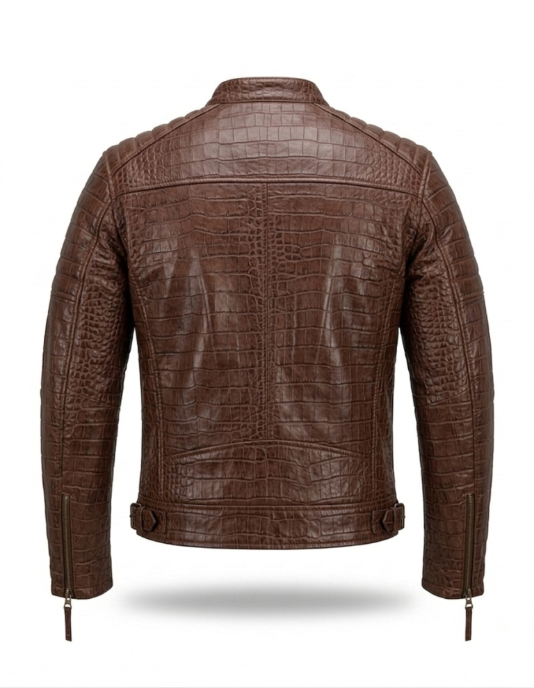 Premium Brown Crocodile Embossed Mens Real Leather Jacket MAS Leather Garments Back View