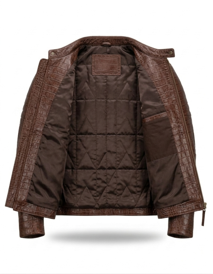 Premium Brown Crocodile Embossed Mens Real Leather Jacket MAS Leather Garments Inner View