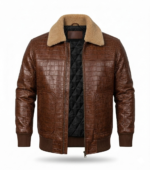 Premium Brown Men's Crocodile Embossed Leather Jacket MAS Leather Garments