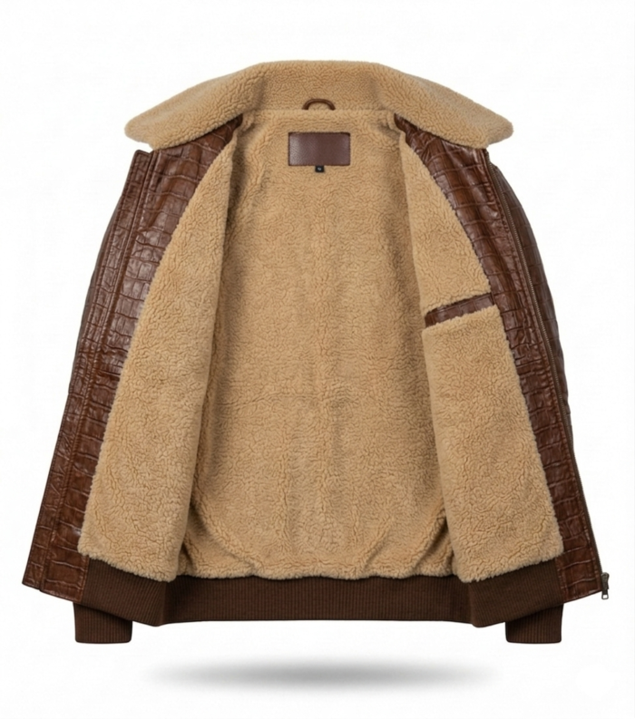 Premium Brown Men's Crocodile Embossed Leather Jacket MAS Leather Garments Inner View