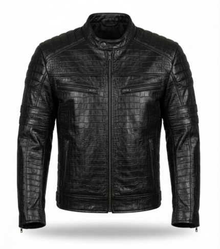 Premium Men's Black Crocodile Embossed Leather Jacket MAS Leather Garments
