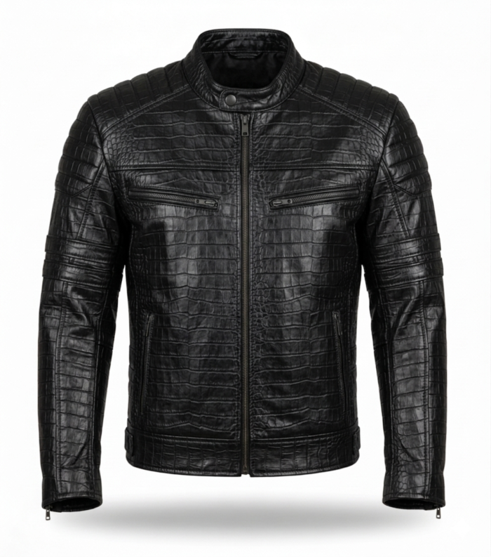 Premium Men's Black Crocodile Embossed Leather Jacket MAS Leather Garments