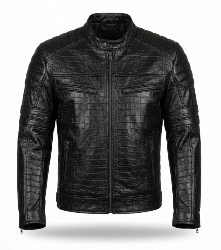 Premium Men's Black Crocodile Embossed Leather Jacket MAS Leather Garments