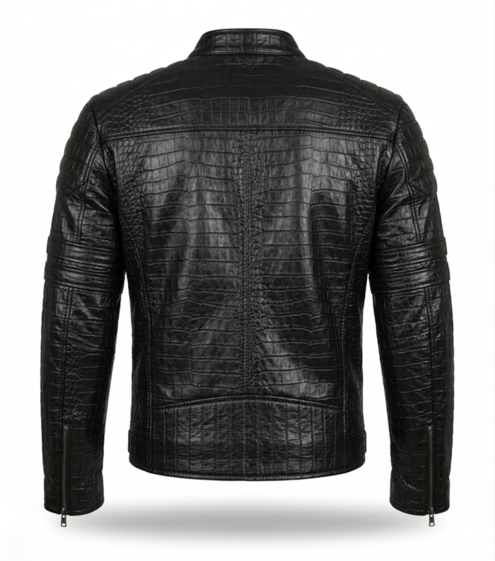 Premium Men's Black Crocodile Embossed Leather Jacket MAS Leather Garments Back View