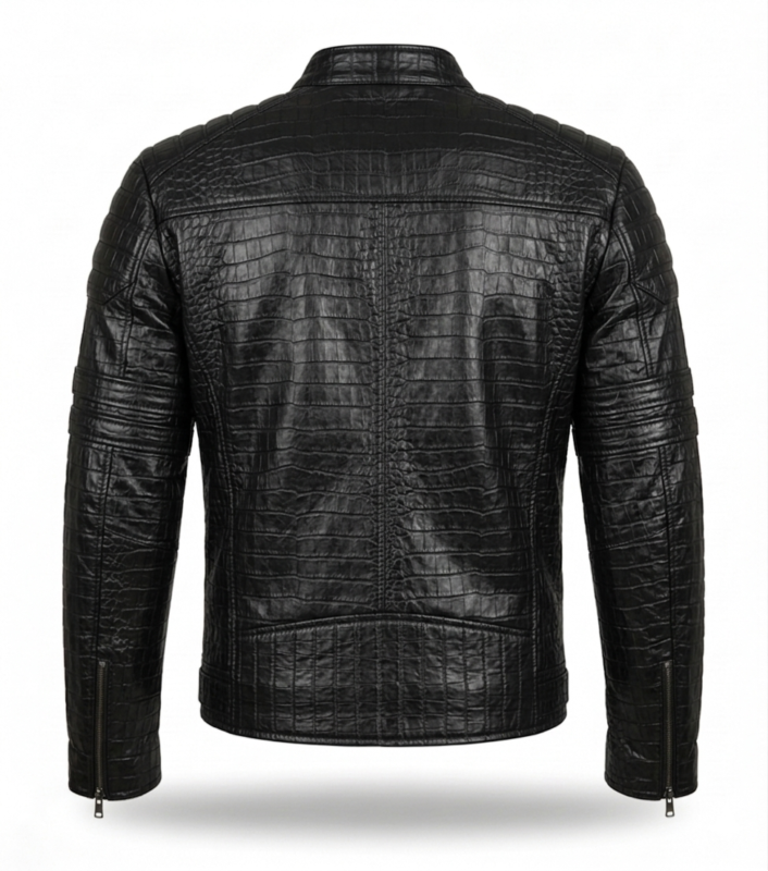 Premium Men's Black Crocodile Embossed Leather Jacket MAS Leather Garments Back View