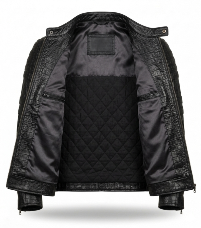 Premium Men's Black Crocodile Embossed Leather Jacket MAS Leather Garments Inner View