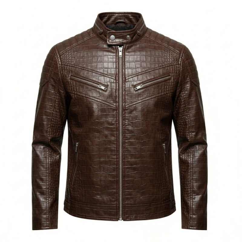 Premium Men's Brown Crocodile Embossed Real Leather Jacket MAS Leather Garments