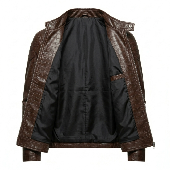 Premium Men's Brown Crocodile Embossed Real Leather Jacket MAS Leather Garments Inner View