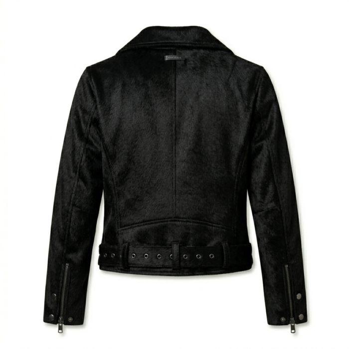 Sleek All-Black Pony Hair Leather Biker Jacket MAS Leather Garments