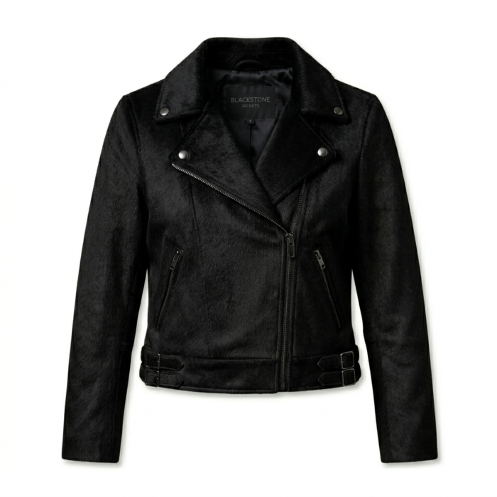 Sleek All Black Pony Hair Leather Biker Jacket MAS Leather Garments