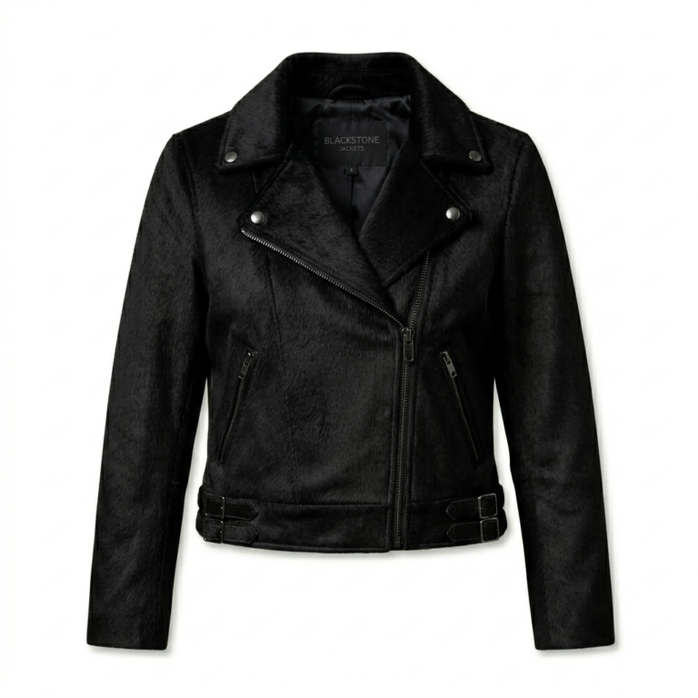 Sleek All Black Pony Hair Leather Biker Jacket MAS Leather Garments