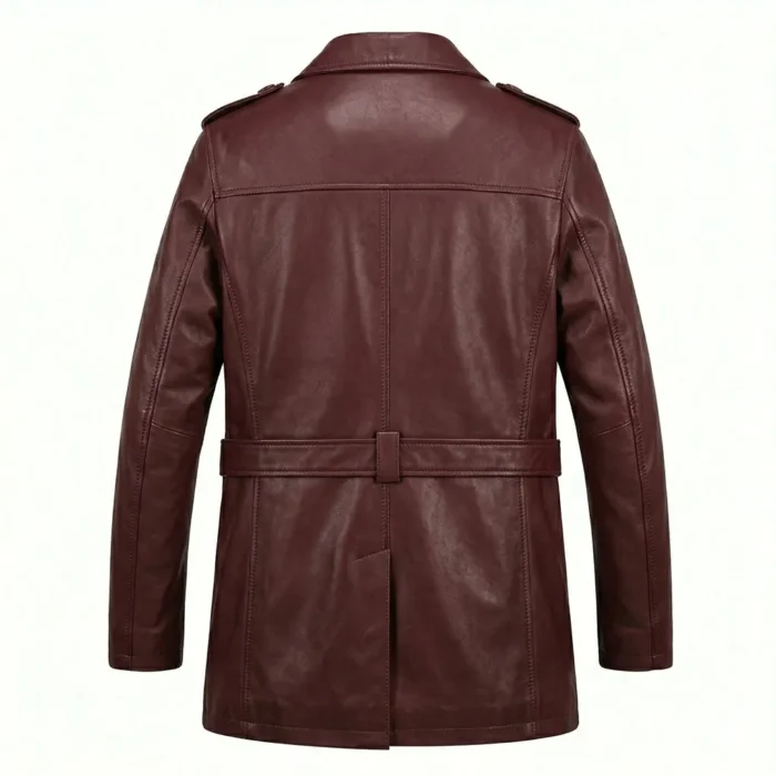Authentic Men's Maroon Leather Pea Coat For Sale back MAS Leather Garments