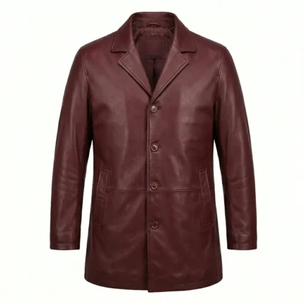 Authentic Men's Maroon Leather Pea Coat For Sale back MAS Leather Garments