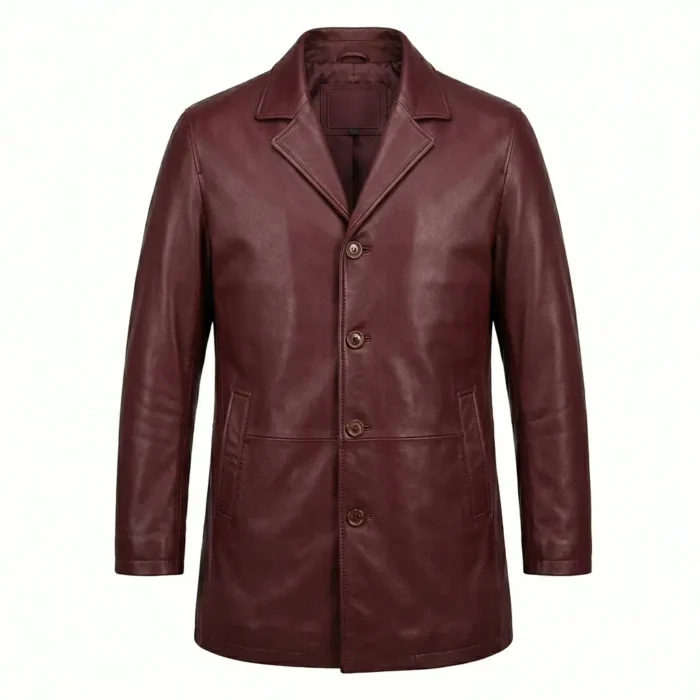 Authentic Men's Maroon Leather Pea Coat For Sale back MAS Leather Garments