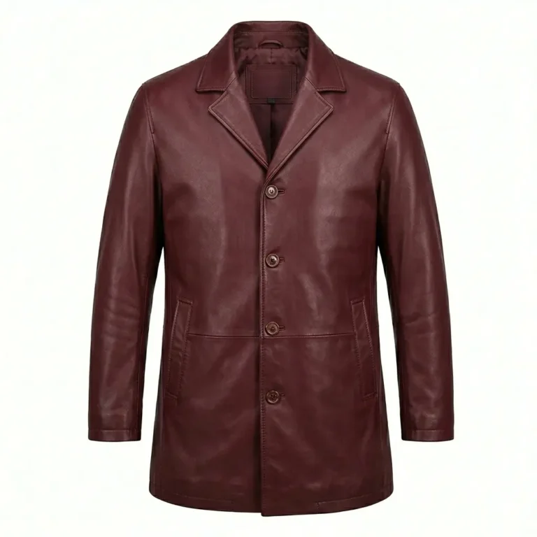 Authentic Men's Maroon Leather Pea Coat For Sale back MAS Leather Garments