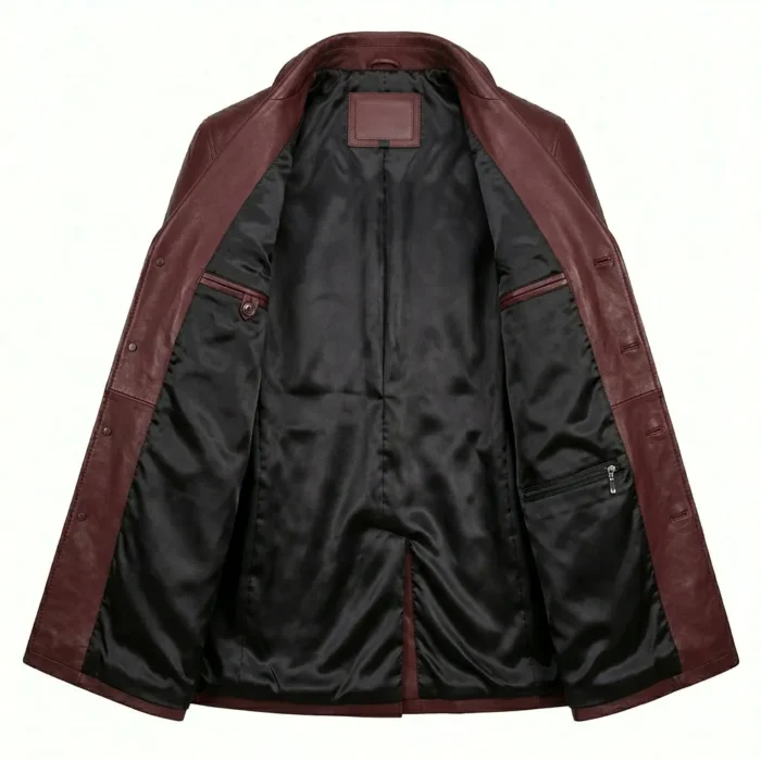 Authentic Men's Maroon Leather Pea Coat For Sale back MAS Leather Garments