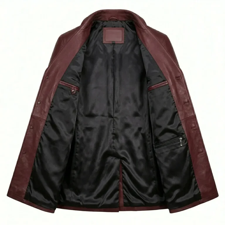 Authentic Men's Maroon Leather Pea Coat For Sale back MAS Leather Garments