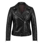 Crafted Women's Black Crocodile Embossed Leather Jacket MAS Leather Garments