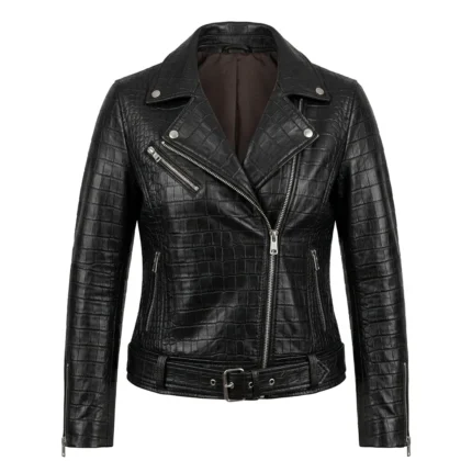 Crafted Women's Black Crocodile Embossed Leather Jacket MAS Leather Garments