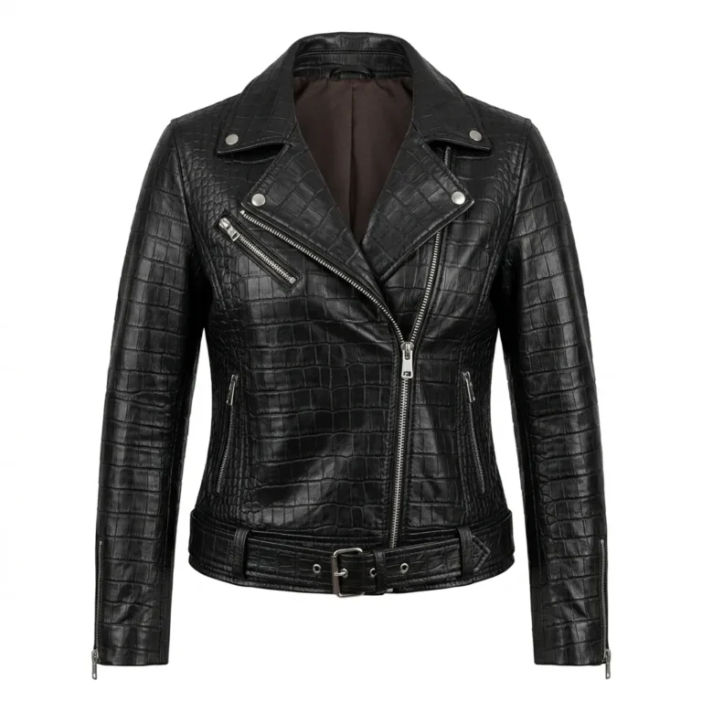 Crafted Women's Black Crocodile Embossed Leather Jacket MAS Leather Garments