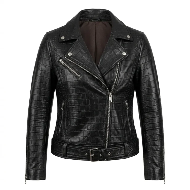 Crafted Women's Black Crocodile Embossed Leather Jacket MAS Leather Garments