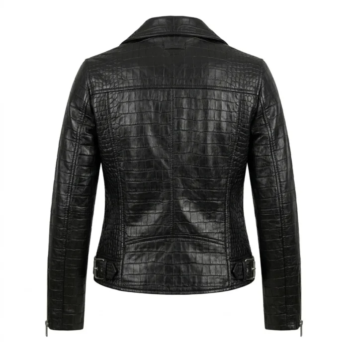 Crafted Women's Black Crocodile Embossed Leather Jacket MAS Leather Garments Back View