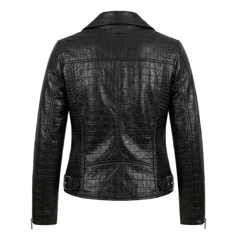 Crafted Women's Black Crocodile Embossed Leather Jacket MAS Leather Garments Back View