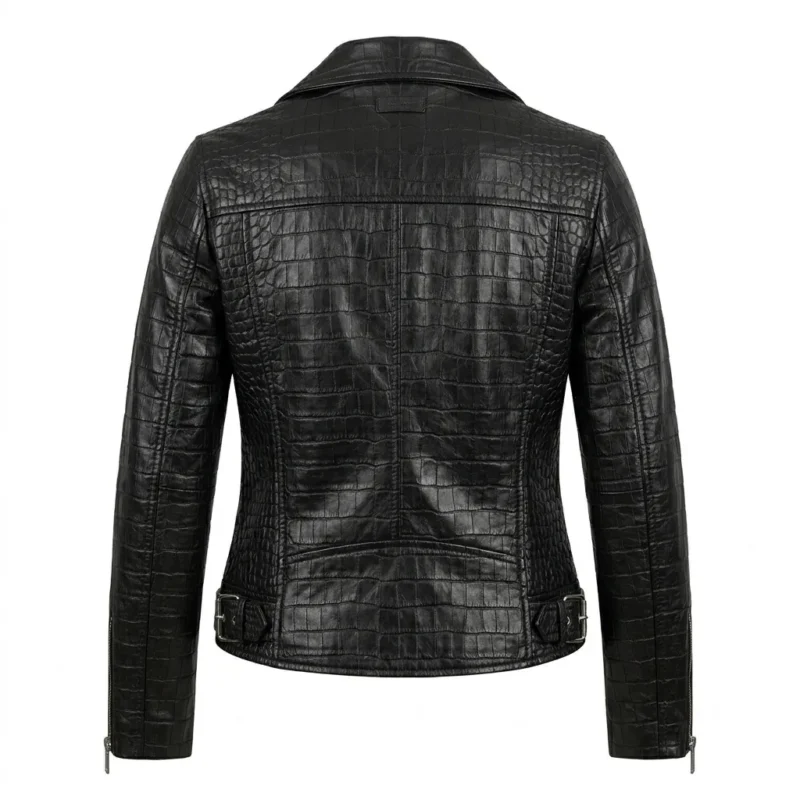 Crafted Women's Black Crocodile Embossed Leather Jacket MAS Leather Garments Back View