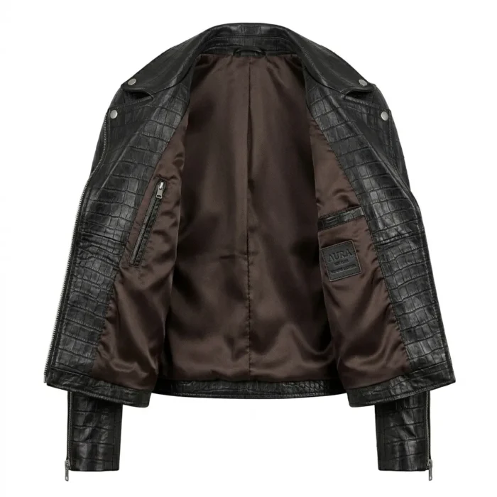 Crafted Women's Black Crocodile Embossed Leather Jacket MAS Leather Garments Inner View