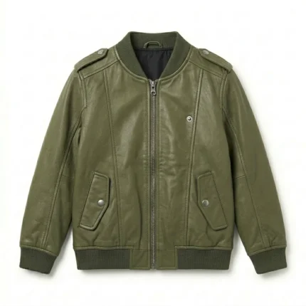 Deluxe Boys Kids Olive Green Leather Bomber Jacket MAS Leather Garments