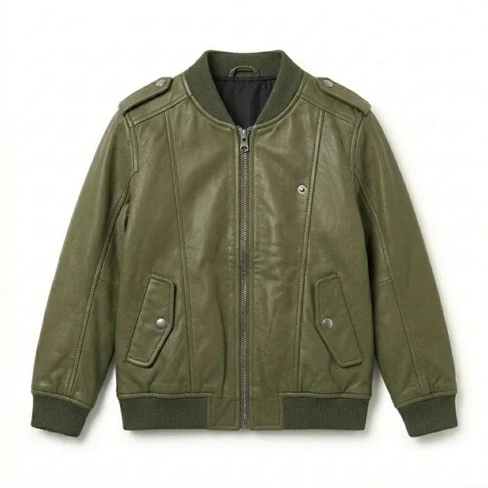 Deluxe Boys Kids Olive Green Leather Bomber Jacket MAS Leather Garments