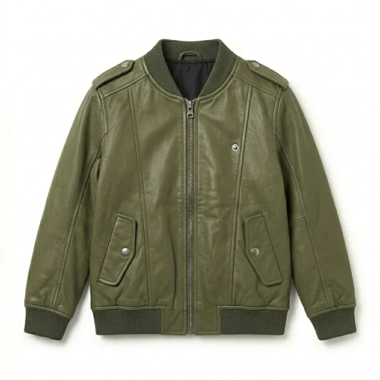 Deluxe Boys Kids Olive Green Leather Bomber Jacket MAS Leather Garments