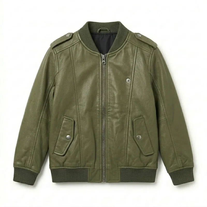 Deluxe Boys Kids Olive Green Leather Bomber Jacket MAS Leather Garments