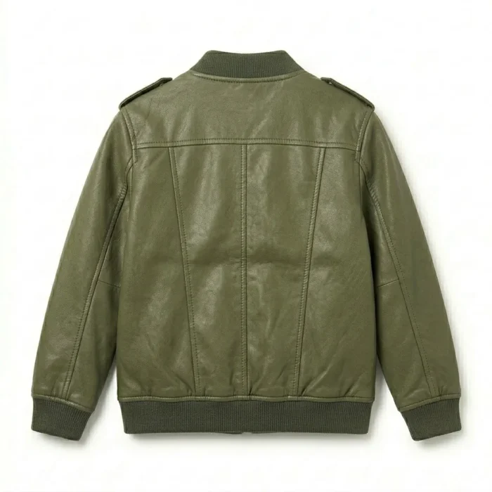 Deluxe Boys Kids Olive Green Leather Bomber Jacket MAS Leather Garments Back View