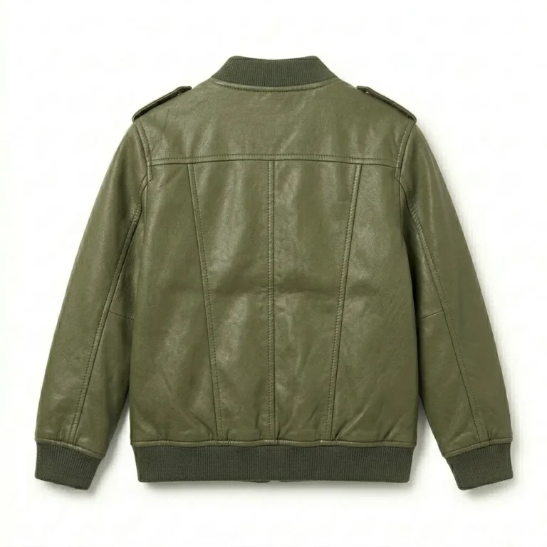 Deluxe Boys Kids Olive Green Leather Bomber Jacket MAS Leather Garments Back View
