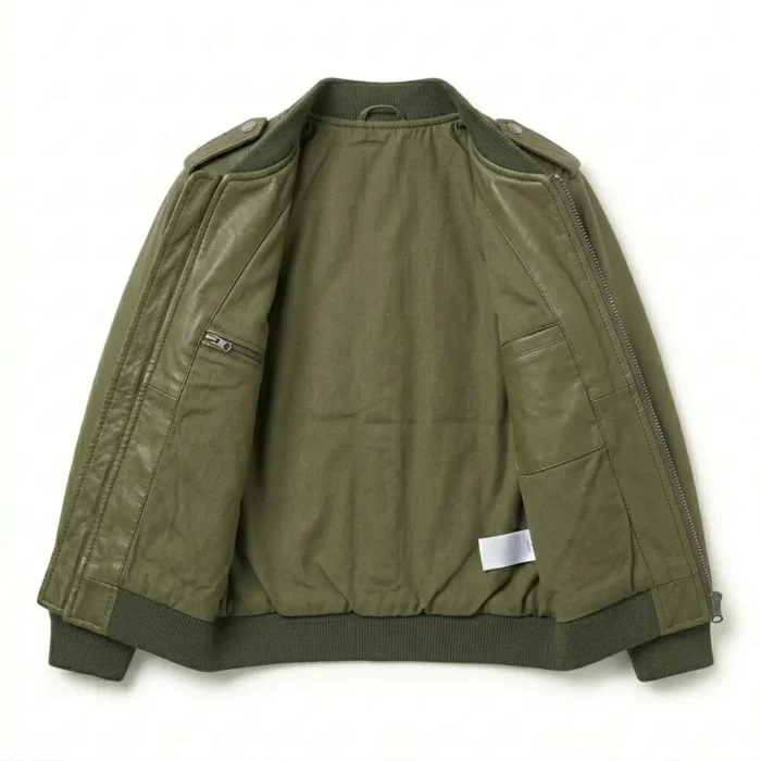 Deluxe Boys Kids Olive Green Leather Bomber Jacket MAS Leather Garments Inner View