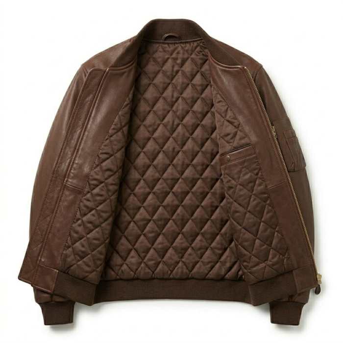 Deluxe Men's Brown MA-1 Leather Jacket MAS Leather Garments Inner View