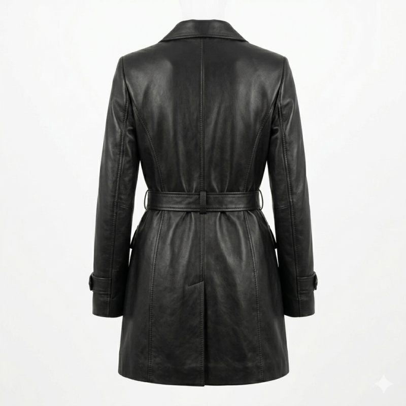 Deluxe Women's Black Leather Overcoat Stylish Belted MAS Leather Garments back view