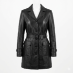 Deluxe Women's Black Leather Overcoat Stylish Belted MAS Leather Garments front view'