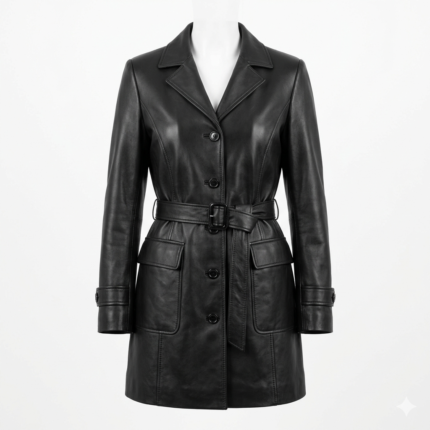 Deluxe Women's Black Leather Overcoat Stylish Belted MAS Leather Garments front view'