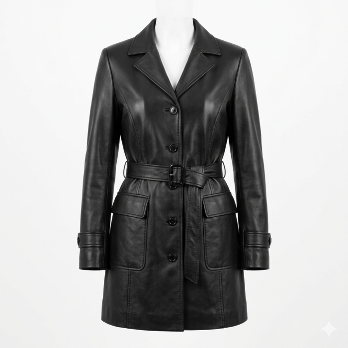 Deluxe Women's Black Leather Overcoat Stylish Belted MAS Leather Garments front view'
