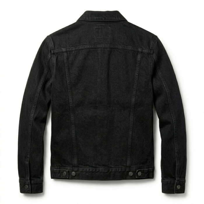 Designer Men's Black Denim Trucker Jacket MAS Leather Garments Back VIew
