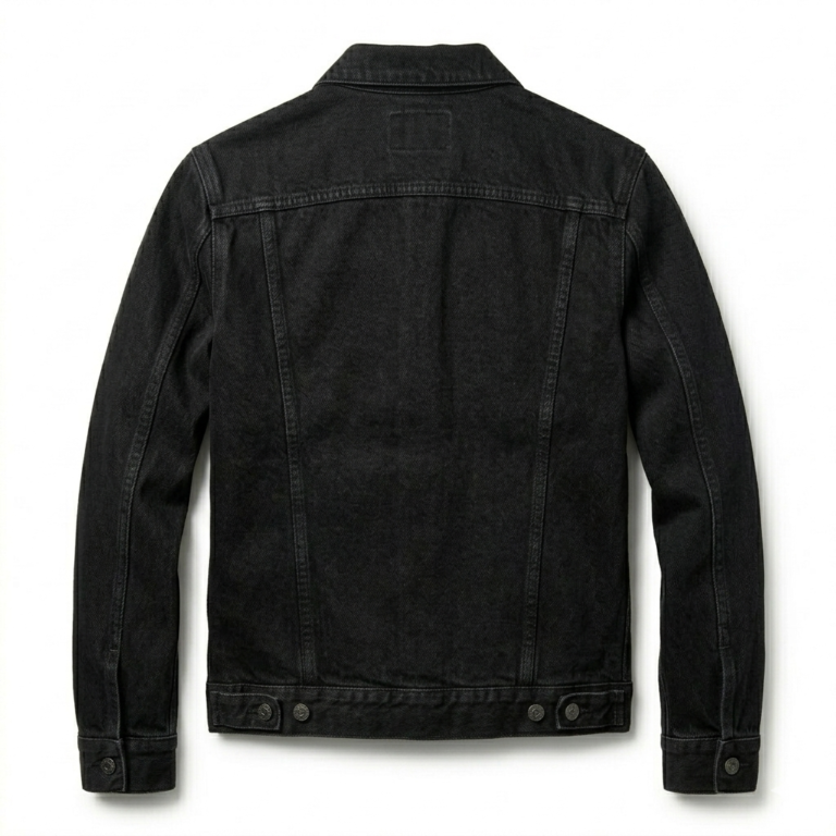 Designer Men's Black Denim Trucker Jacket MAS Leather Garments Back VIew